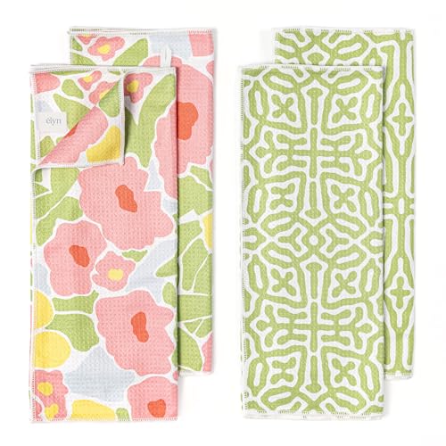 ELYN Microfiber Kitchen Dish Towel Set, Quick-Dry & Absorbent Waffle Weave Cleaning Towels, Set of 4 Kitchen Towels, Paper Towels Alternative (Bold Floral & Geo) - color: Bold Floral & Geo, style: Dish Towel - 4 Pack