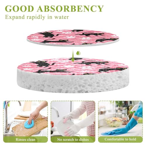 Black Cats with Pink Chevron Dish Scrub Sponges Kitchen Non Scratch Reusable Compressed Cellulose Sponge Hanging for Household Cleaning Washing Dishes Pots and Pans 3 Pack - color: Pattern14