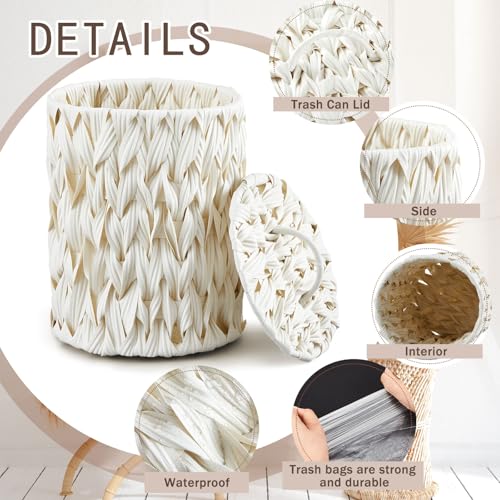 Ctosree 1.3 Gallons Small Trash Can with Lid Handle Boho Woven Braided Bathroom Waste Basket Trash Can with 100 Garbage Bags for Bedroom Office Laundry(Braided Polypropylene, Cream White) - color: Cream White, style: Round