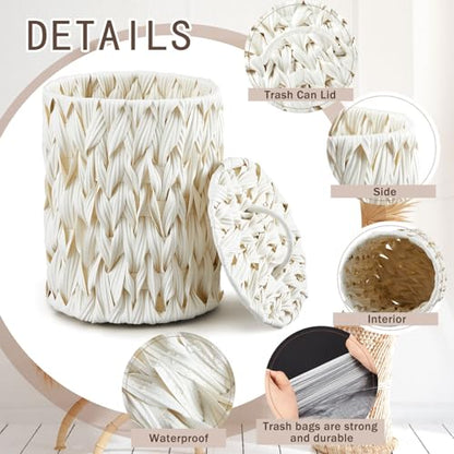 Ctosree 1.3 Gallons Small Trash Can with Lid Handle Boho Woven Braided Bathroom Waste Basket Trash Can with 100 Garbage Bags for Bedroom Office Laundry(Braided Polypropylene, Cream White) - color: Cream White, style: Round