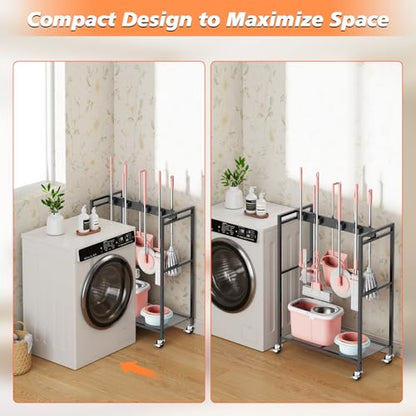 Broom and Mop Holder, MUNNAR Broom Closet Storage Cabinet, Cleaning Cart with Broom and Mop Hanger, Janitorial Cart with Wheels for Household, Laundry Room Organization - size: 24.8" x 13" x 34.2"