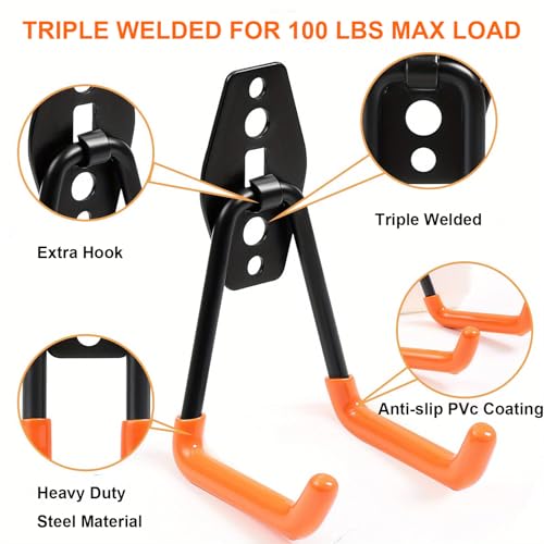 16 Pack Garage Hooks Heavy Duty, Industrial Wall Mount Garage Storage Hooks for Hanging Bike, Ladder and Garden Tools, Organization System with Mop Broom Holders, 100 LBS Capacity, Orange