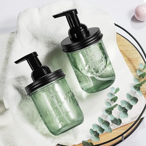 SheeChung Mason Jar Foaming Soap Dispenser, Stainless Steel Lid, BPA Free Pump, Green Glass Foam Hand Soap Dispenser, 16 Oz Refillable Liquid Foam Dispenser Bottle for Bathroom Kitchen-Black, 2 Pack - color: Wide Mouth, Black-2 Pack