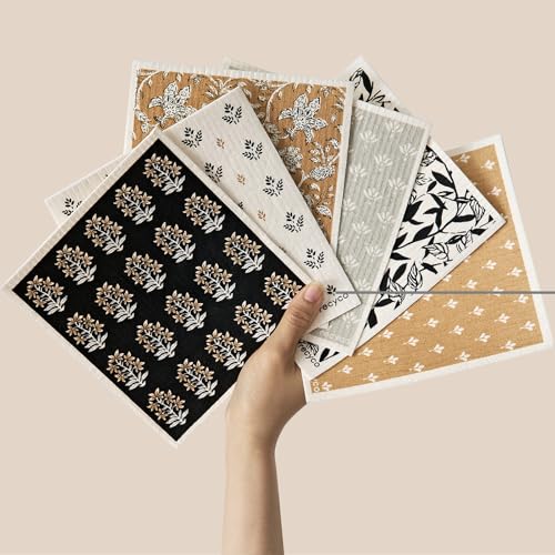 RECYCO Swedish Dishcloths for Kitchen | 6 Pack Heritage Florals Neutral Washable Dish Rags | Cellulose Reusable Cleaning Paper Towels | Absorbent Counter Dish Cloth Sponge Kitchen Wipes, 8" L x 7" W - color: Heritage Florals Neutral - 6 Pack