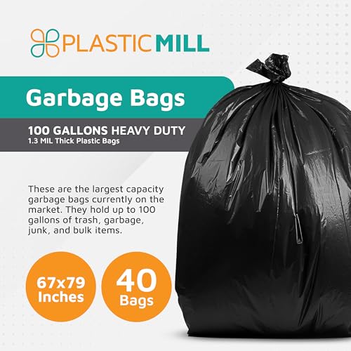 PlasticMill Heavy Duty Trash Bags - Black Garbage Bags - Plastic Trash Bags for Large Rolling Trash Bins - Tall Trash Bags - 100-Gallon Large Kitchen Trash Bags, 1.3 Mil, 67"x79" (40-Count) - size: 1 Count (Pack of 40)