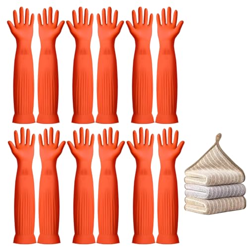 6-Pair 17.8-Inch Elbow - Length Reusable Rubber Waterproof Household Cleaning and Kitchen Dishwashing Gloves - size: Large