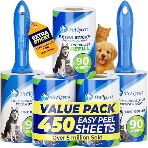 PetLovers Extra Sticky Lint Roller Mega Value Set 450 Sheets for Pet Hair Removal and Clothes, Dog and Cat Lint Remover 5 Pack - size: 5 pack