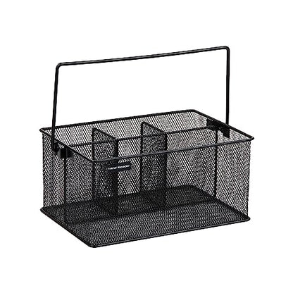 Mind Reader Multi-purpose Storage Caddy with Handle, Desktop Organizer, Cutlery Holder, 4 Compartments, Metal Mesh, Black - color: Black