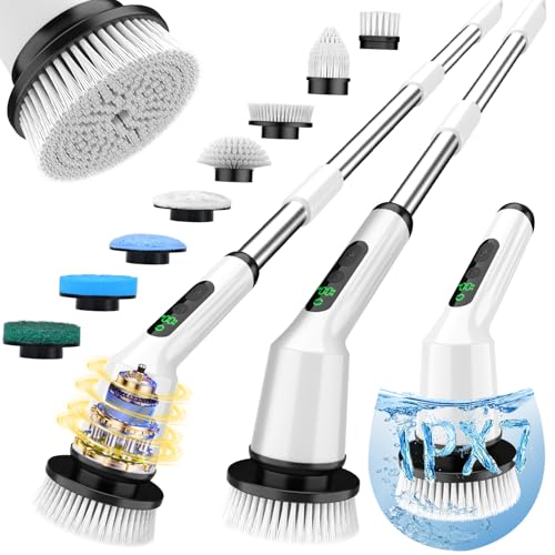 Shower Scrubber with Long Handle, Shower Cleaner Brush with 8 Floor Machine Pads, Cordless Electric Spin Scrubber for Cleaning with 2 Speed, Cleaning Supplies for Bathroom Bathtub Kitchen Floor Tile - color: White, size: 8 Brush Heads