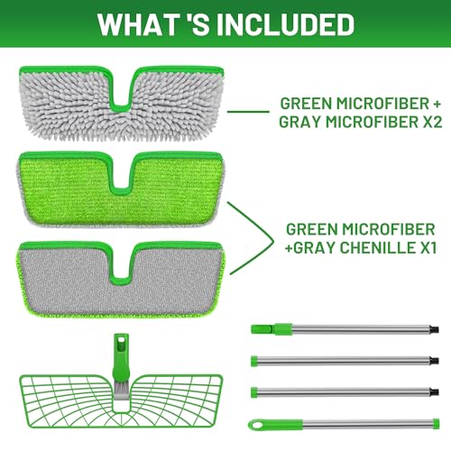 2-Sided Microfiber Dust Mop for Hardwood Floors & Walls | Flat Flip Head, Wet Dry Use, 3 Chenille & Microfiber Pads, 58" Handle, 360° Swivel, Sweep Pet Hair, Tile, Laminate, Kitchen - size: 15" Mop-G