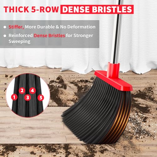 Broom with Dustpan Combo Set, Dust Pans with Long Handle for Upright Sweeping, Standing Broom and Dustpan Set with Self-Cleaning Teeth for Home, Kitchen & Office Floors(Red & Black) - color: Red & Black