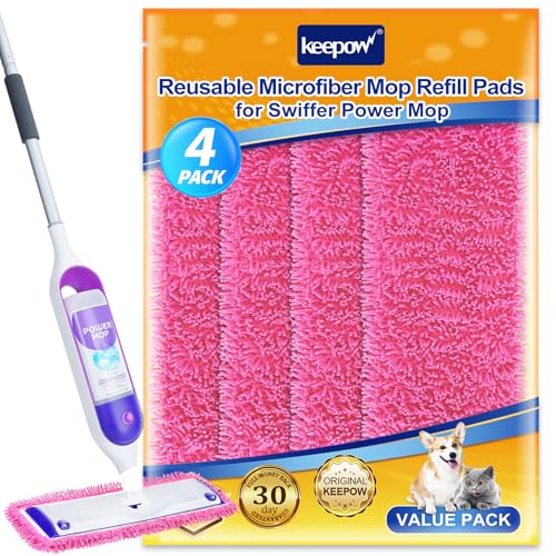 KEEPOW Reusable Microfiber Mop Pads for Swiffer PowerMop, 4 Count, Pink, Machine Washable, Compatible with 13-15 Inch Spray Mop, Multi-Surface Floor Cleaning - color: Pink 4 Pack