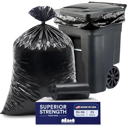 Plasticplace 95-96 Gallon Garbage Can Liners Heavy Duty 1.5 Mil Black Trash Bags Tear-Resistant Outdoor Garbage Bags for Rollaway Bins Large 61" x 68" Industrial-Strength Waste Bags (25 Count) - size: 1 Count (Pack of 25)