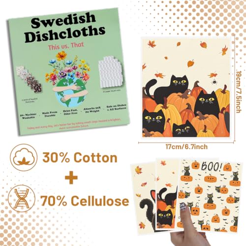 Fall Halloween Swedish Dishcloths for Kitchen, 6 Pack Black Cat and Pumpkin Reusable Cellulose Sponge Paper Towels Washable, Fast Drying Swedish Dish Cloth for Home Cleaning - style: Fall Halloween