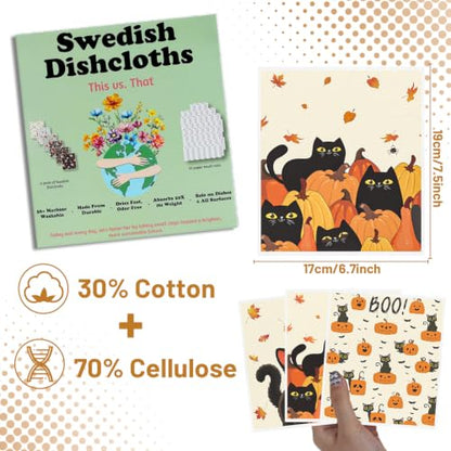 Fall Halloween Swedish Dishcloths for Kitchen, 6 Pack Black Cat and Pumpkin Reusable Cellulose Sponge Paper Towels Washable, Fast Drying Swedish Dish Cloth for Home Cleaning - style: Fall Halloween