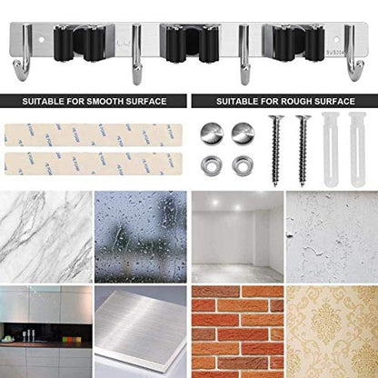 Broom Hanger Wall Mounted, 2PCS Mop and Broom Holder Wall Mount Garage Organization and Storage Stainless Steel Kitchen Tool Organizer Wall Hanger for Laundry Room Garden Garage Closet Kitchen