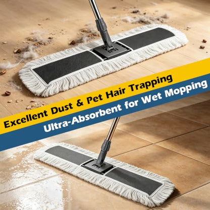 MASTERTOP 40" Commercial Dust Mop for Floor Cleaning, Heavy Duty Flat Mop | Industrial 64" Long Handle Push Broom with 2 Cotton Pads for Hardwood, Tile, Laminate, Concrete, Warehouse & Gym Cleaning - color: Grey(40"*8.3")