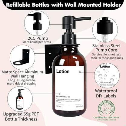 Shampoo Dispenser for Shower Wall, Shampoo and Conditioner Dispenser with 16 Waterproof Labels, Shower Dispenser 3 Chamber No Drill, Shower Soap Dispenser Wall Mounted for Bathroom, 17oz, Amber - color: 2-amber Bottle + Black Pump