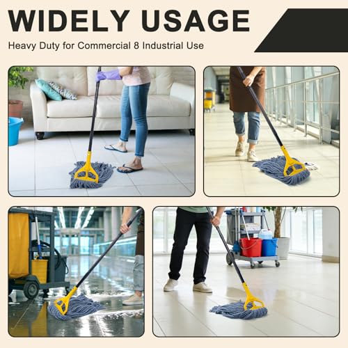 Commercial Industrial Mop with 3 Extra Large Reusable Replacement Head,59" Long Handle Heavy Duty Wet Mops,Looped-End String Cotton Mop for Floor Cleaning,House,Kitchen,Office,Garage,Tile(Yellow) - size: Yellow Handle + 3 Mop Head