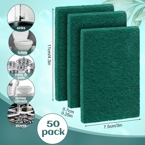 Hoolerry 50 Pcs Heavy Duty Scouring Pads Non Scratch Household Scrub Pads for Cleaning Reusable Pan Scrubber Anti Grease Scrubbing Pads for Dish Kitchen Metal Grills, 4.3 x 3 x 0.3 in (Green) - color: Green