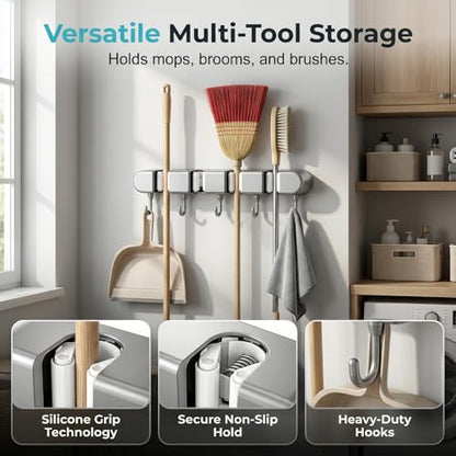 Wall Mounted Mop and Broom Holder, 4 Racks with 5 Hooks, Vacuum Suction Cup Design, Rust-Proof ABS Organizer for Kitchen Bathroom Garage Laundry Room (Grey)