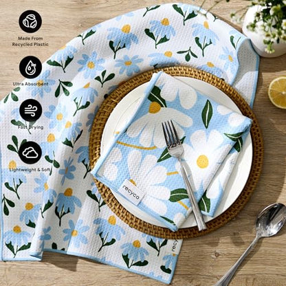 RECYCO Waffle Kitchen Towel Set of 2 - Quick Dry Microfiber Sustainable Dish Towels - Ultra Absorbent Reusable Cleaning Tea Towels - Lightweight Hand Towels,16”x 28”, Daisy Dreams - color: Daisy Dreams