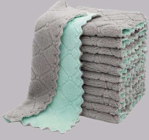 4PCS Double-Layer Microfiber Absorbent Cleaning Cloths Coral Fleece Dishcloths Scouring Rags Reusable Washable Kitchen Towel,Green Grey