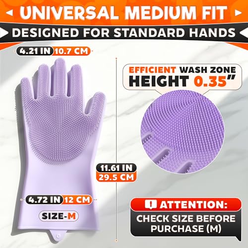 ALPENKOK Silicone Dishwashing Gloves with Scrubber – Non-Slip Silicone Gloves for Washing Dishes | Household Use - color: Purple Dishwash