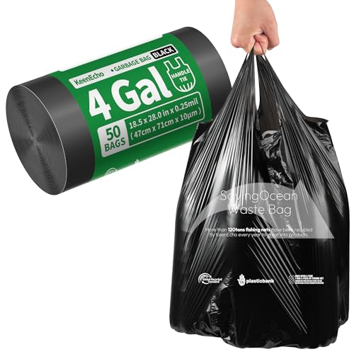 Small Trash Bags with Handles - Ocean Plastic Upcycling - Plastic Garbage Bags, Can Bin & Waste Basket Liner for Kitchen, Bathroom, Office and Pets,4 Gallon 50 Count Black - color: 4Gal Black, size: 1 ROLL