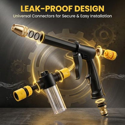 High Pressure Hose Nozzle with 4 Spray Modes, Adjustable Water Spray Gun, Metal Garden Hose Sprayer for Car Wash, Plant Watering, Patio & Outdoor Cleaning (1, Washer+3 Connectors+Foam Cannon)