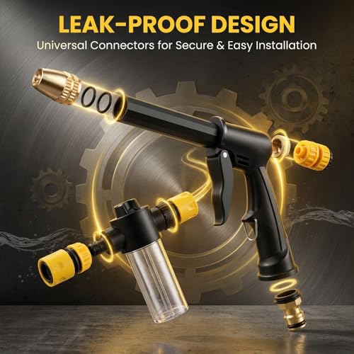 High Pressure Hose Nozzle, Adjustable Water Spray Gun with 4 Spray Modes, Metal Garden Hose Sprayer for Car Wash, Plants Watering, Patio & Outdoor Cleaning (1, Washer Gun + 3 Connectors + Foam Cannon)