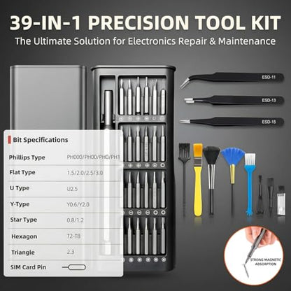Professional Small Precision Screwdriver Set, 39 Pieces, with Anti-Static tweezers, keyboard brush cleaner kit, Magnetic Electronics Repair Kit for Phone, Computer, Watch, Glasses.