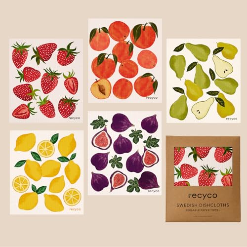 RECYCO Swedish Dishcloths for Kitchen | 5 Pack Fruit Grove Washable Dish Rags | Cellulose Reusable Cleaning Paper Towels | Absorbent Counter Dish Cloth Sponge Kitchen Wipes, 8" L x 7" W - color: Fruit Grove - 5 Pack