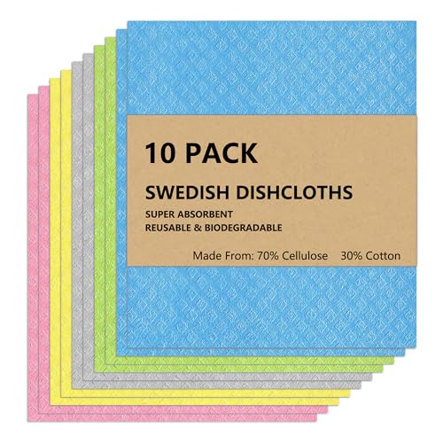 Swedish Dish Cloths 10 Pack - Ultra Absorbent Reusable Cellulose Sponge Cloths | Eco-Friendly Kitchen Towels for Dishes, Countertops & Cleaning | Fast-Drying, Biodegradable (Assorted Colors)