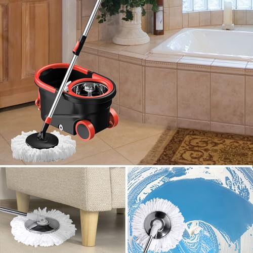 Spin Mop and Bucket with Wringer Set, 360° Rotating Head Mop Bucket System with 3 Microfiber Mop Refills Wet and Dry Suitable for Office and Home Use, Green (Black-Plus) - color: Black-plus