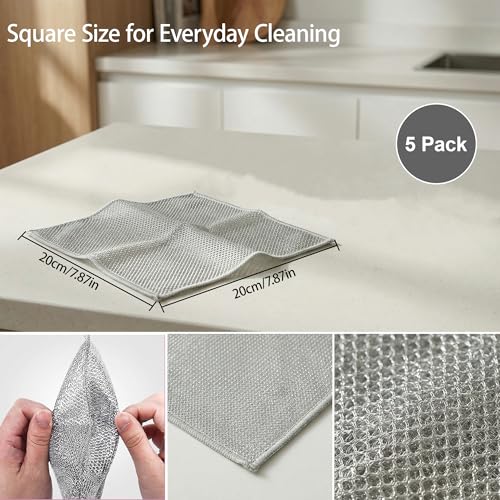 Metal Dish Cloth, Non Scratch Steel Wool Scrubber for Wet and Dry Cleaning, Reusable Single Layer Design for Dishes Sinks Stove Tops and Nonstick Cookware, Silver 5 Pack