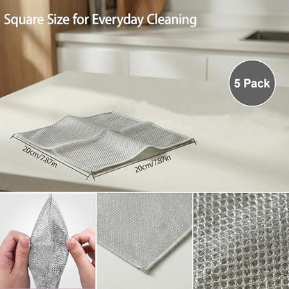 Metal Dish Cloth, Non Scratch Steel Wool Scrubber for Wet and Dry Cleaning, Reusable Single Layer Design for Dishes Sinks Stove Tops and Nonstick Cookware, Silver 5 Pack