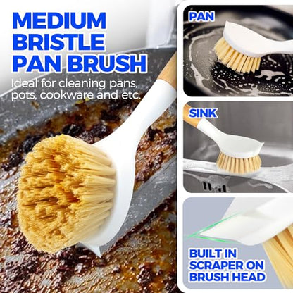 Holikme 3 Pack Dish Brush Set with Bamboo Handle, Kitchen Brushes for Cleaning Pot, Sink and Stove, Skillet Scrubber with Tough Bristles for Cast Iron Grill Pan, White Yellow Black - color: White Yellow Black
