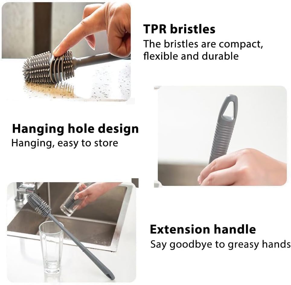 [Long-Handled Brush for Cleaning] Versatile Long-Handled Silicone Brush for Cups & Bottles - Reusable, Ideal for Kitchen, Bathroom, Car Cleaning, Bathroom Cleaning Tools（Grey） - color: Gray