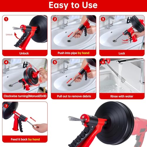 Drain Snake Hair Drain Clog Remover,Drill Attachment Toilet Snake for Bathroom Kitchen Tub Shower Drain Clog Remover with Gloves Hair Clog Remover with Drill Adapter（25ft/7.5M-Black） | Bathroom and Shower Sink Duty Pipe Drain Clog Remover for Bathtub Drai