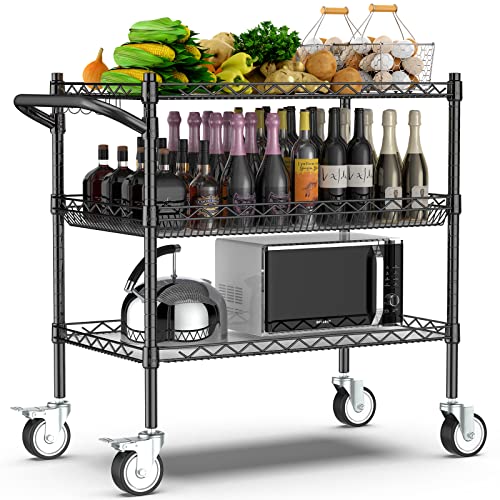 Leteuke 3 Tier Rolling Carts with Wheels, Heavy Duty Rolling Utility Cart,NSF Commercial Grade Metal Cart with Handle&Shelf Liner,Trolley Serving Cart for Kitchen,Restaurant,Plant Display,Black - color: Matte Black