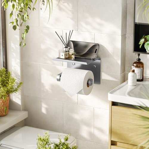 Tindbea Heavy Duty Toilet Paper Holder with Shelf, Adhesive or Screw Wall Mount Toilet Tissue Roll Holder, Rustproof & Multifunctional Stainless Steel Bathroom Storage Dispenser (Brushed Nickel) - color: A-brushed Nickel