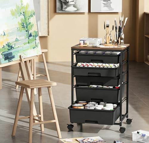 SYKIARIOL 5-Tier Rolling Utility Storage Drawer Craft Cart on Wheels with Wooden Tabletop, Mobile Craft Storage Drawer Cart Trolley for Home Office, Classroom, Craft Room & Kid Room, Black - color: Black