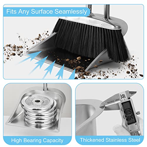 VOOWO Heavy Duty Broom and Dust pan Set, Stainless Steel Broom and Dustpan Set with Long Handle, Broom with Dustpan Set for Home Standing Dust Pan Indoor Outdoor Brooms Dustpan - color: Black Broom and Dustpan Set