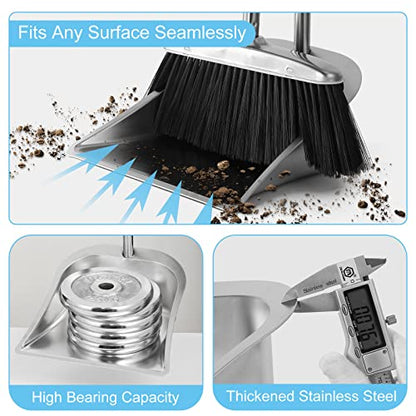 VOOWO Heavy Duty Broom and Dust pan Set, Stainless Steel Broom and Dustpan Set with Long Handle, Broom with Dustpan Set for Home Standing Dust Pan Indoor Outdoor Brooms Dustpan - color: Black Broom and Dustpan Set