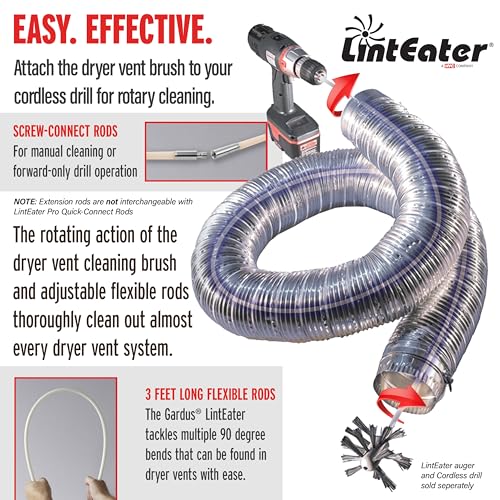 Dryer Cleaning Kit Extension Rods - Gardus R3203612 12' Extension Kit for Gardus RLE202 LintEater Rotary Dryer Vent Cleaner Kit, Dryer Vent Cleaning System Extends Up to 12’ with 4 Flexible 3' Rods - style: 12' Screw-Connect Extension