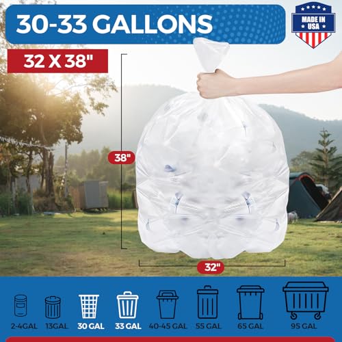 Fuxury 30-33 Gallon Trash Bags Medium Duty, 250 Count Garbage Bags, 32 x 38" Extra Large Clear Trash Bags, 0.6 Mil Plastic Bags for Serious Garbage Cleanup, Made in USA - color: 33Gal-250Ct(Clear)