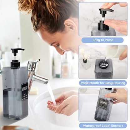 Segbeauty 33.8oz Shampoo and Conditioner Dispenser with Labels, 4pcs Refillable Plastic Empty Body Lotion Soap Dispenser Hand Liquid Container for Bathroom, 1000ml Gray Large Pump Bottle for Kitchen - color: Gray, style: 4pcs
