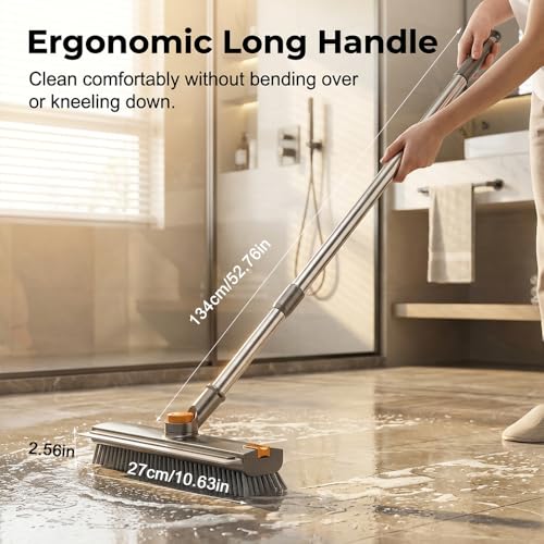 Floor Scrub Brush, Grout Cleaner with Long Handle, V-Shaped Grout Cleaner for Deep Cleaning, Deck Crevice Scrubbing Tool, Adjustable Handle, Multi-Surface Cleaning Brush (Black) - color: Black