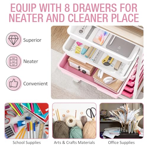 Rolling Cart with Drawers, Pink Cart with 8 Plastic Drawer Storage and Wooden Tabletop, Craft Storage, Teacher Cart, Storage Cart on Wheels, Rose Pink - color: Rose Pink